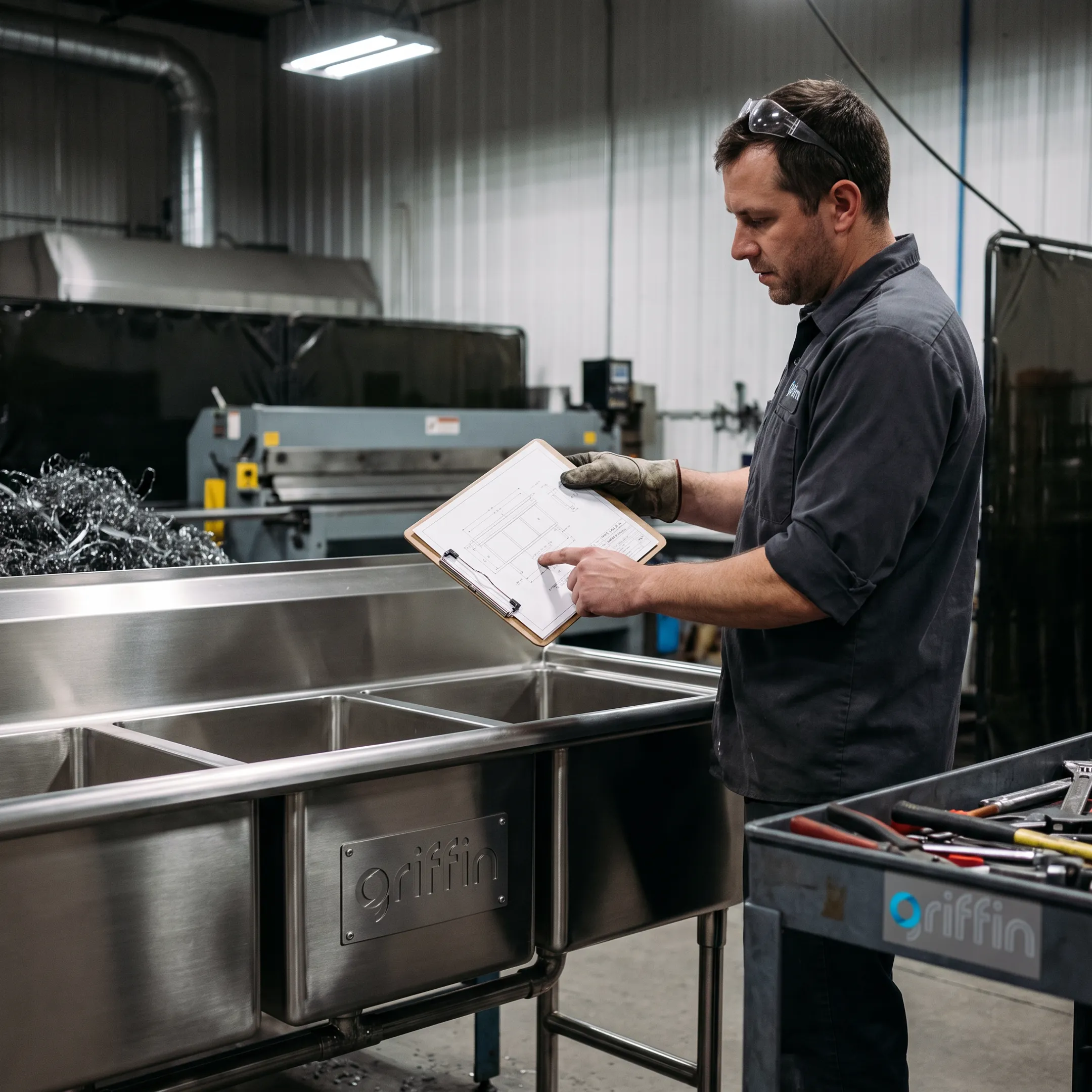 Fabricator reviewing a custom stainless sink drawing