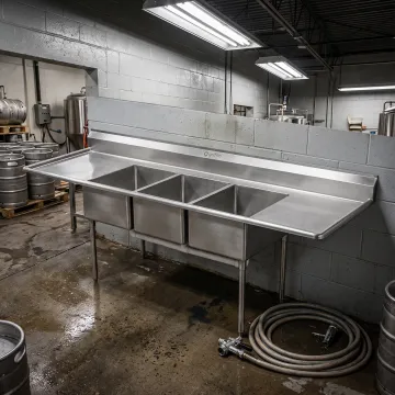 Stainless steel brewery sink in a commercial workspace