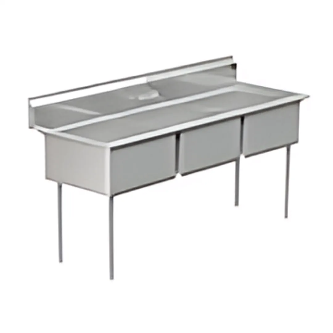 Large stainless steel sinks lined up in a clean hospital or school cafeteria kitchen.