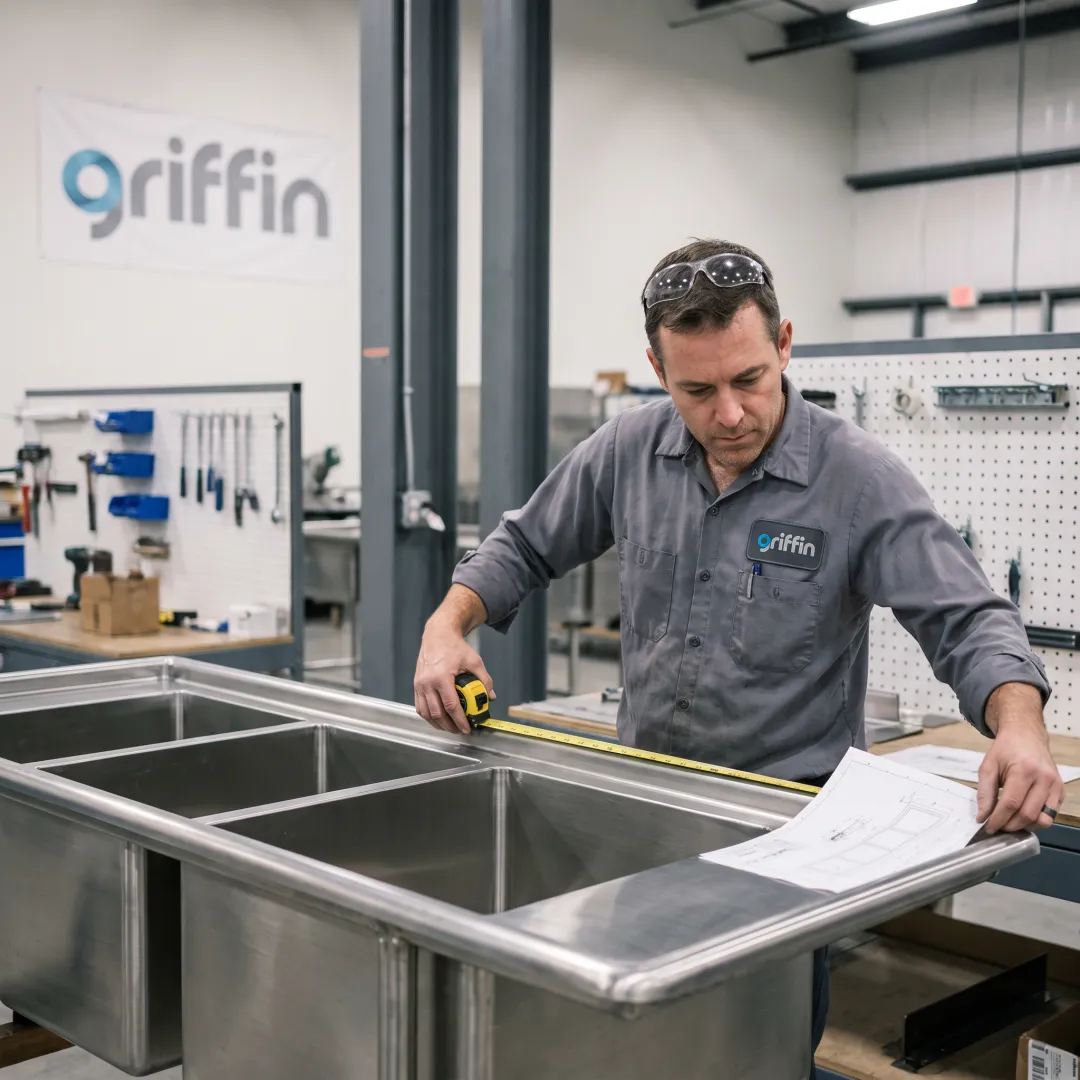 Technician planning a custom stainless steel sink