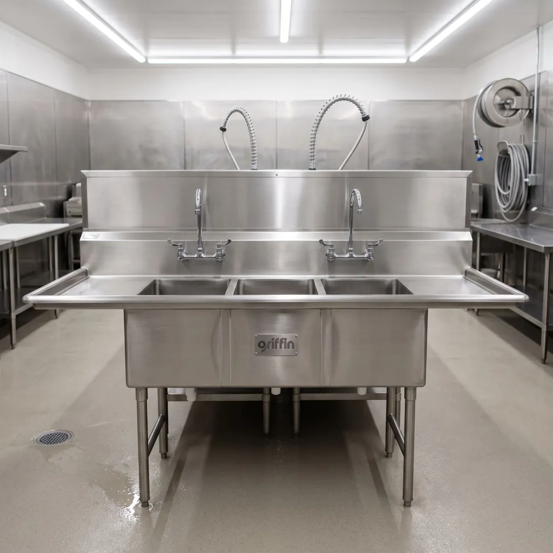 Stainless steel sink in a meat processing workspace