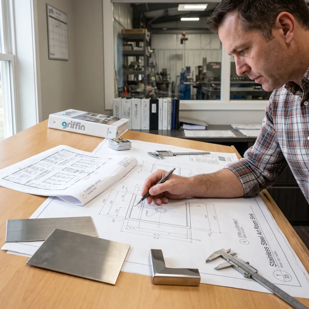 Designer reviewing an art room sink plan