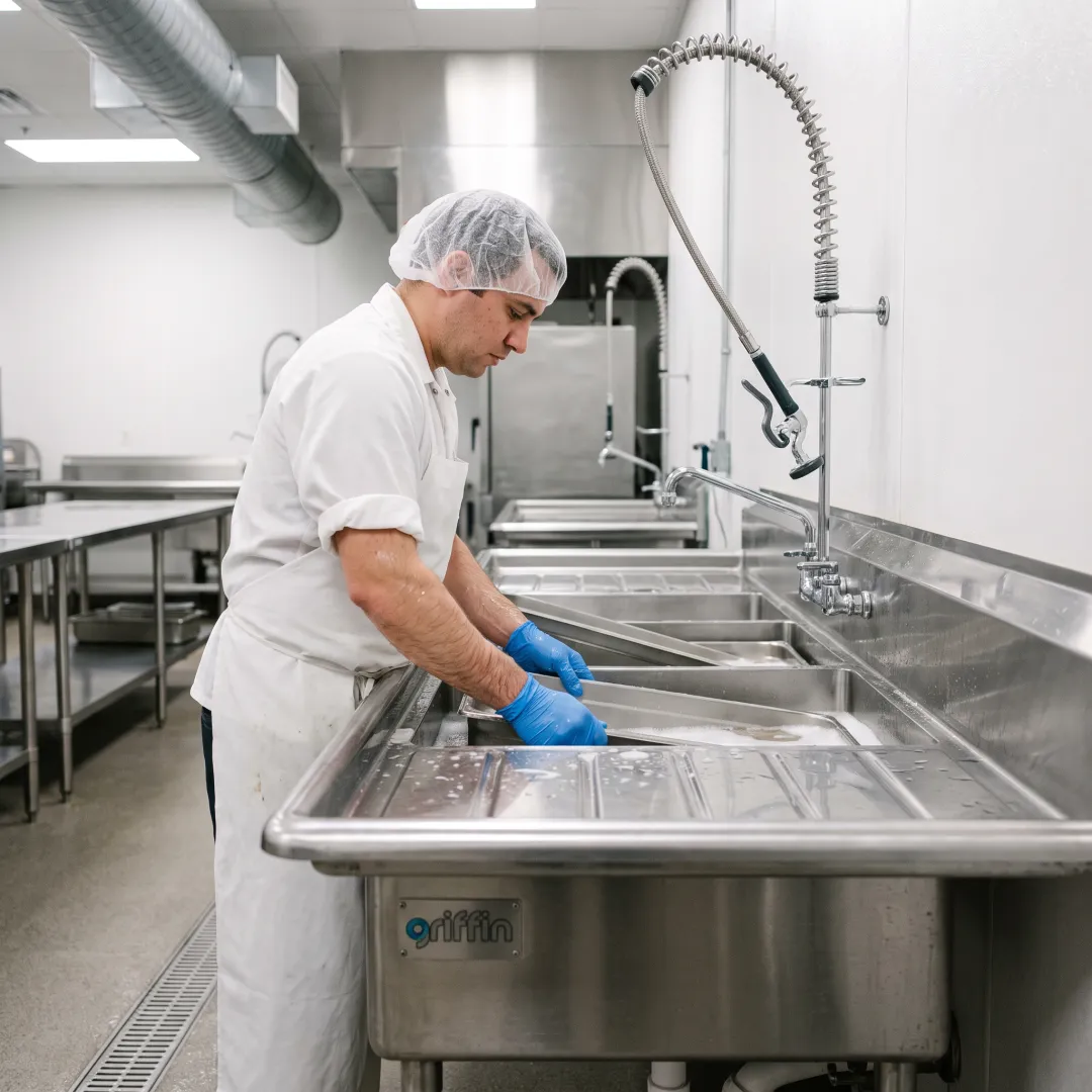 Worker using a stainless steel compartment sink