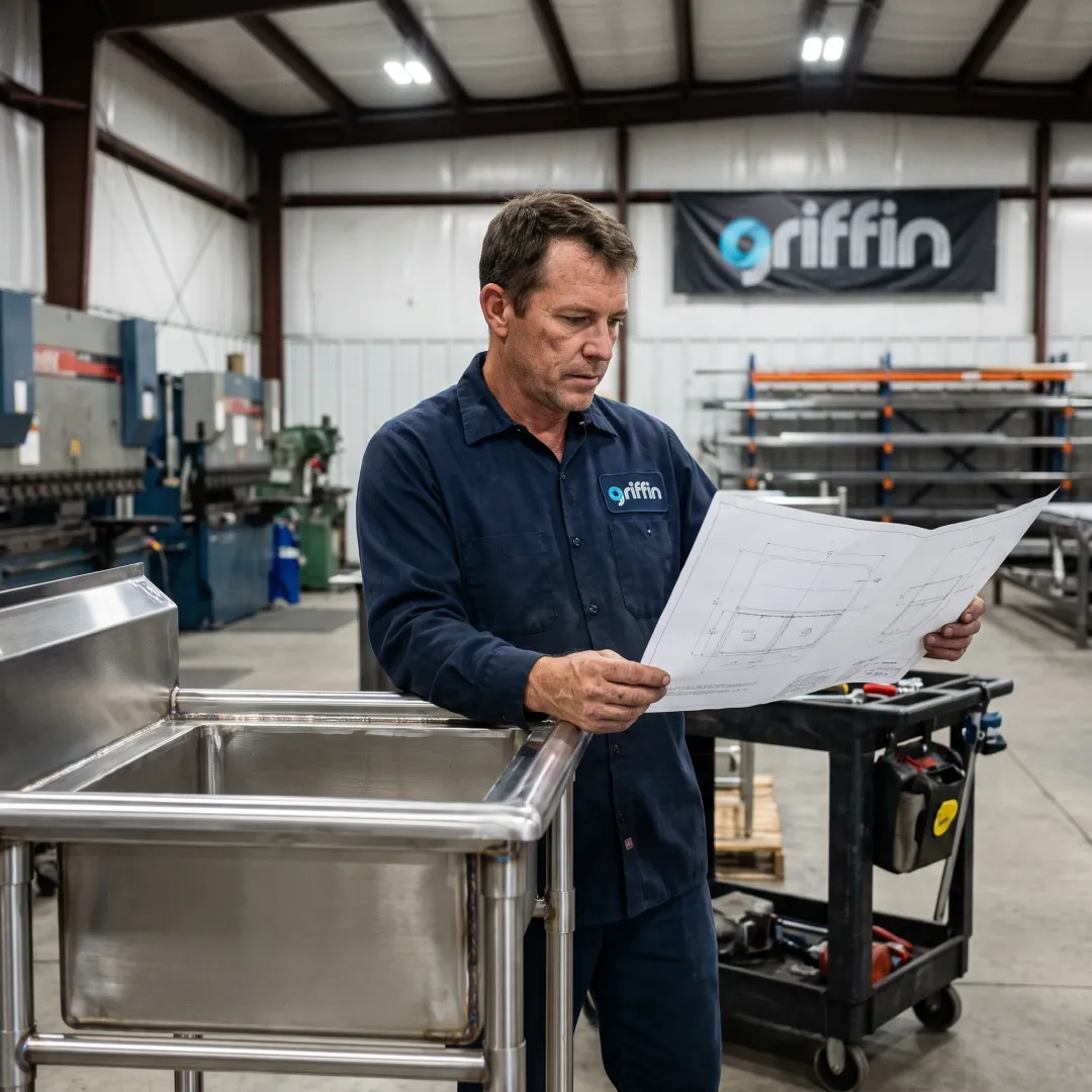 Fabricator reviewing a custom stainless steel sink drawing