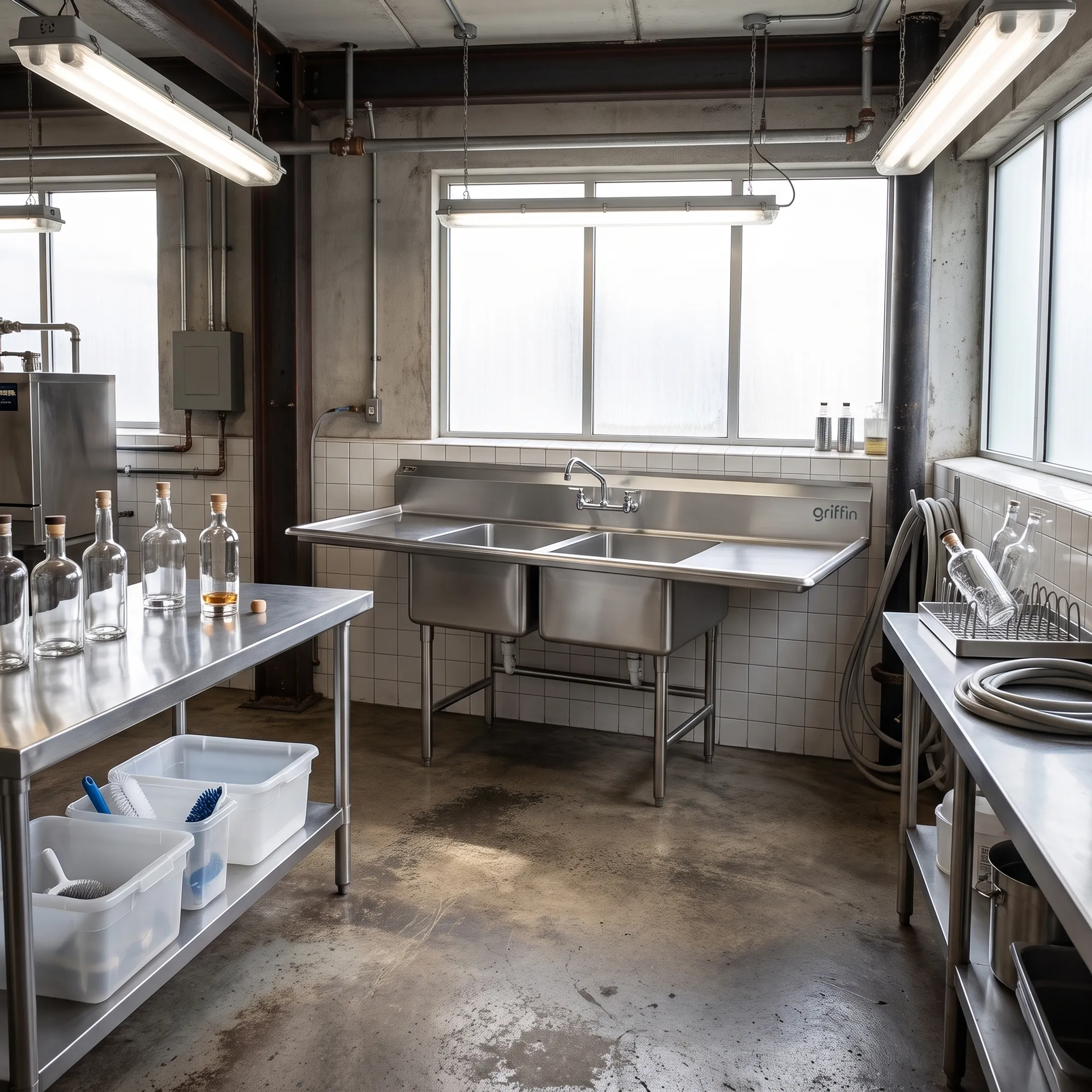 Stainless steel sink in a distillery workspace