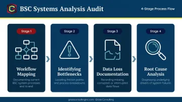 4-step business systems audit process flow from mapping to root cause analysis