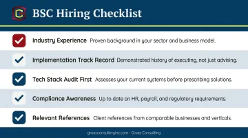 Five-point BSC hiring checklist criteria for evaluating business systems consultant candidates