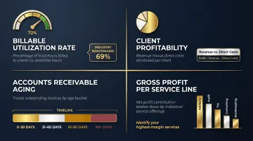 Four service business financial KPIs with benchmarks and definitions infographic