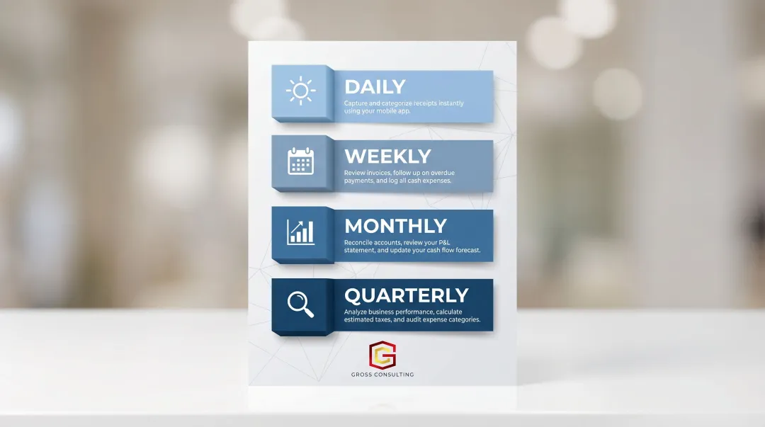 Consultant bookkeeping routine daily weekly monthly quarterly cadence infographic