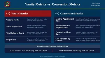 Vanity metrics versus conversion metrics comparison for service business funnel performance