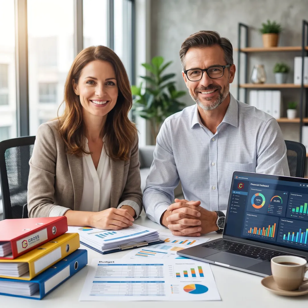 Business owner reviewing bookkeeping reports with advisor