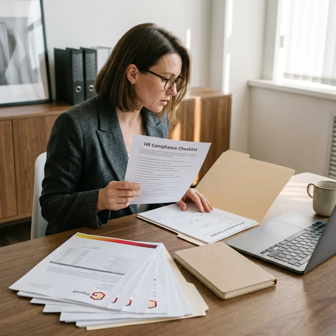 HR compliance consultant reviewing employee documents