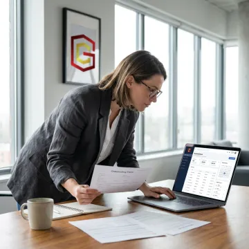 Corporate payroll services consultant reviewing payroll records
