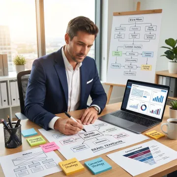 Brand strategy planning session with website and messaging materials