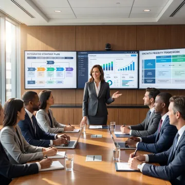 Consultant mapping business growth strategy on screen