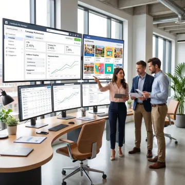 Facebook advertising campaign management team reviewing ad performance