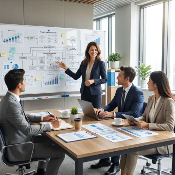 Business consultant reviewing workflow strategy with a client team