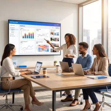 Meta advertising campaign management team reviewing ad performance