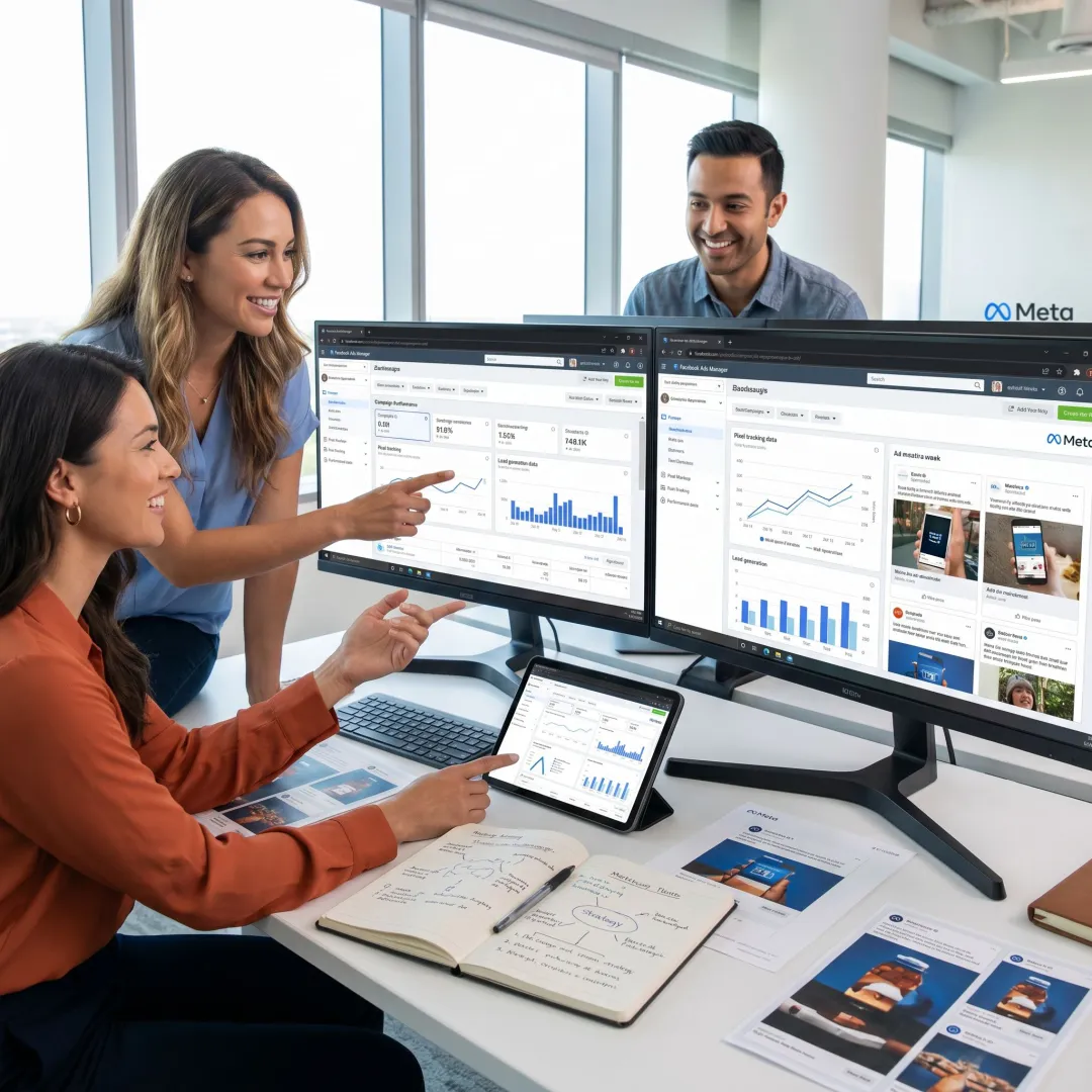 Team building a Facebook ad strategy and tracking setup