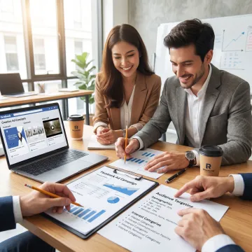 Marketing team planning Facebook ad strategy and reviewing campaign data