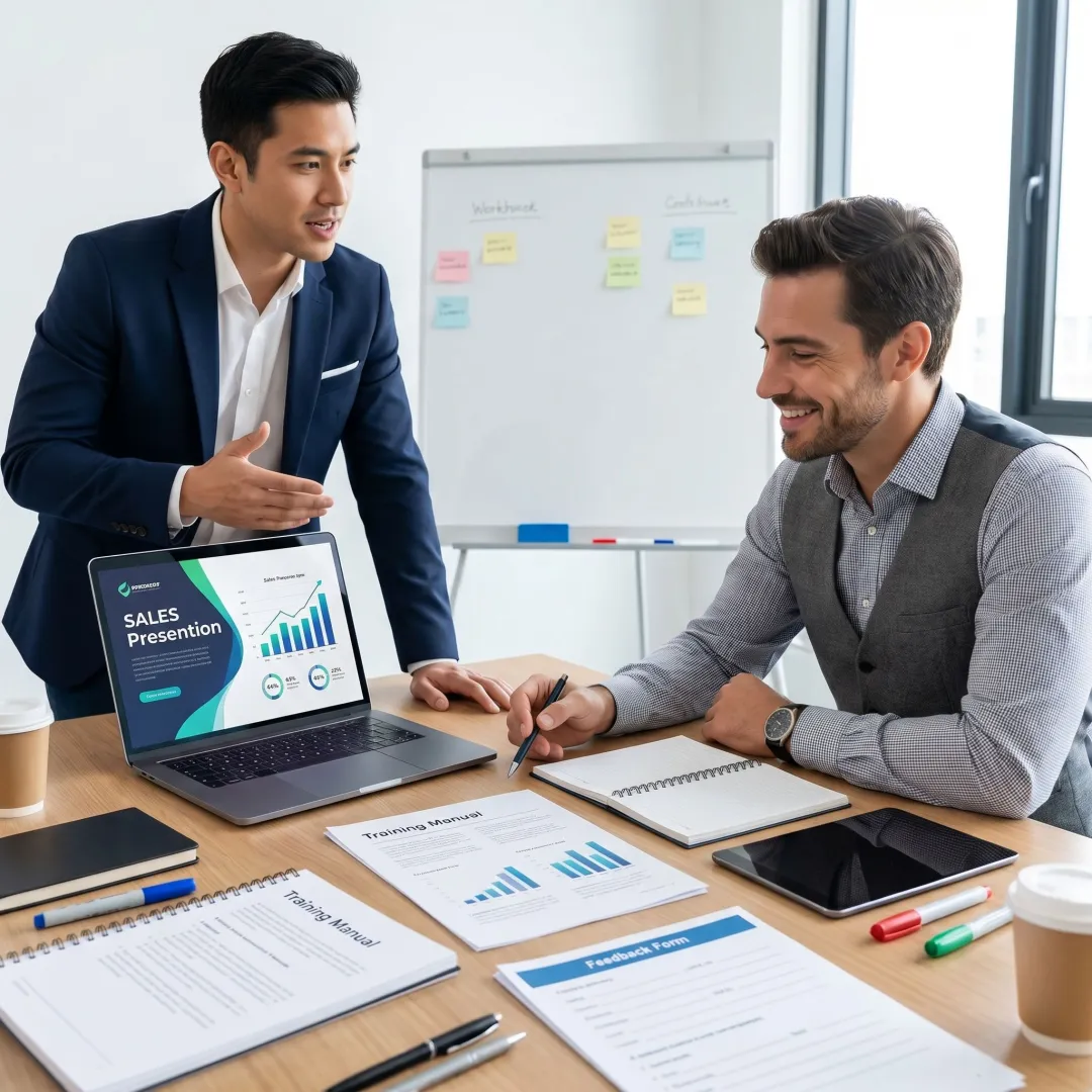 Sales professional practicing a client presentation
