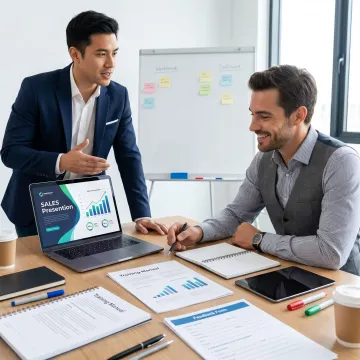 Sales professional practicing a client presentation