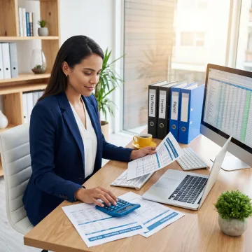 Bookkeeper reviewing monthly financial records for a business