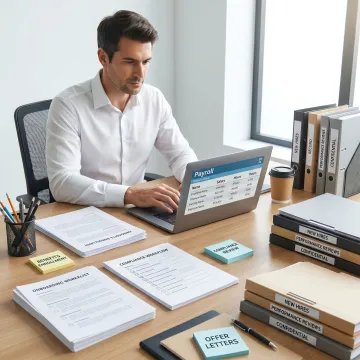 Consultant organizing payroll and HR systems