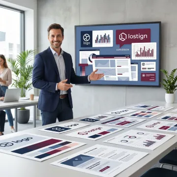 Brand strategist reviewing B2B agency website and identity assets