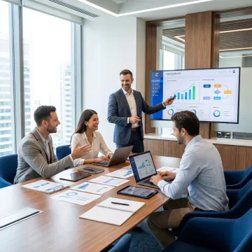 Business consultant reviewing growth strategy with a client team