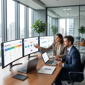 Business automation consultant reviewing digital workflows