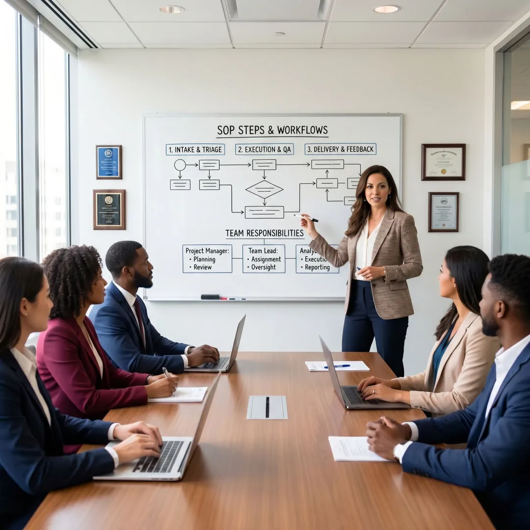 Consultant mapping a business process on a whiteboard