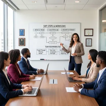 Consultant mapping a business process on a whiteboard