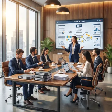 Business consultant reviewing SOP documents with a team