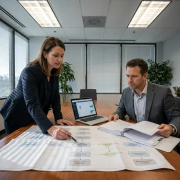 Consultant reviewing workflow map and SOP documents