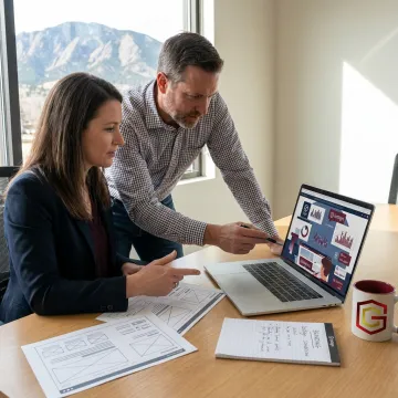 Consultant reviewing website wireframes and analytics