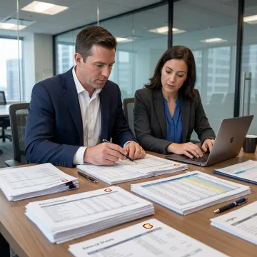 Attorney reviewing organized bookkeeping reports