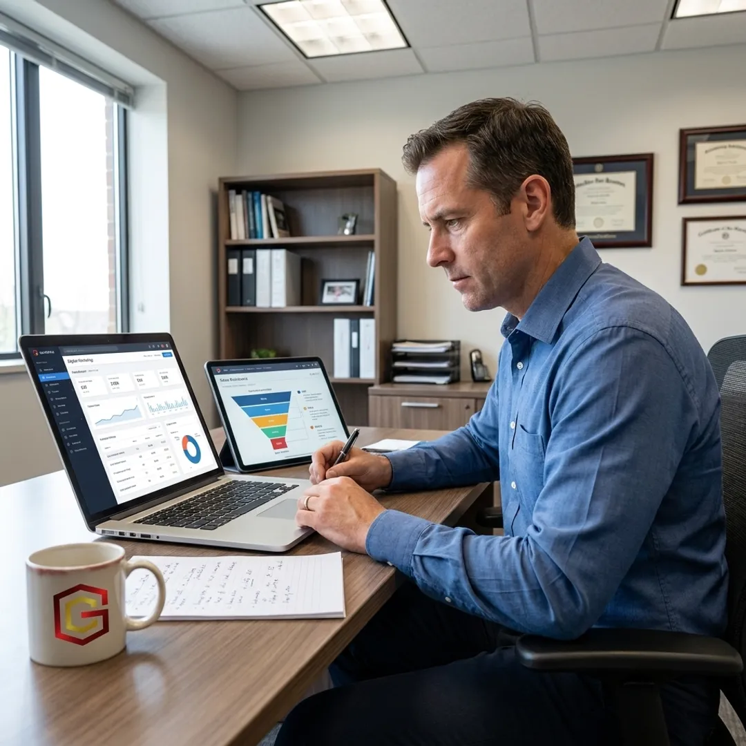 Consultant reviewing digital growth strategy dashboard