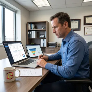 Consultant reviewing digital growth strategy dashboard