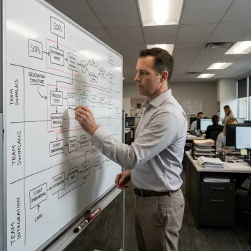 Consultant mapping business workflows on a whiteboard