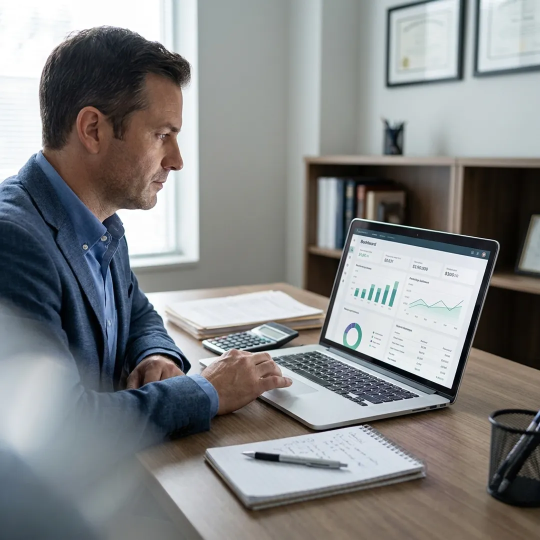Attorney reviewing law firm bookkeeping reports