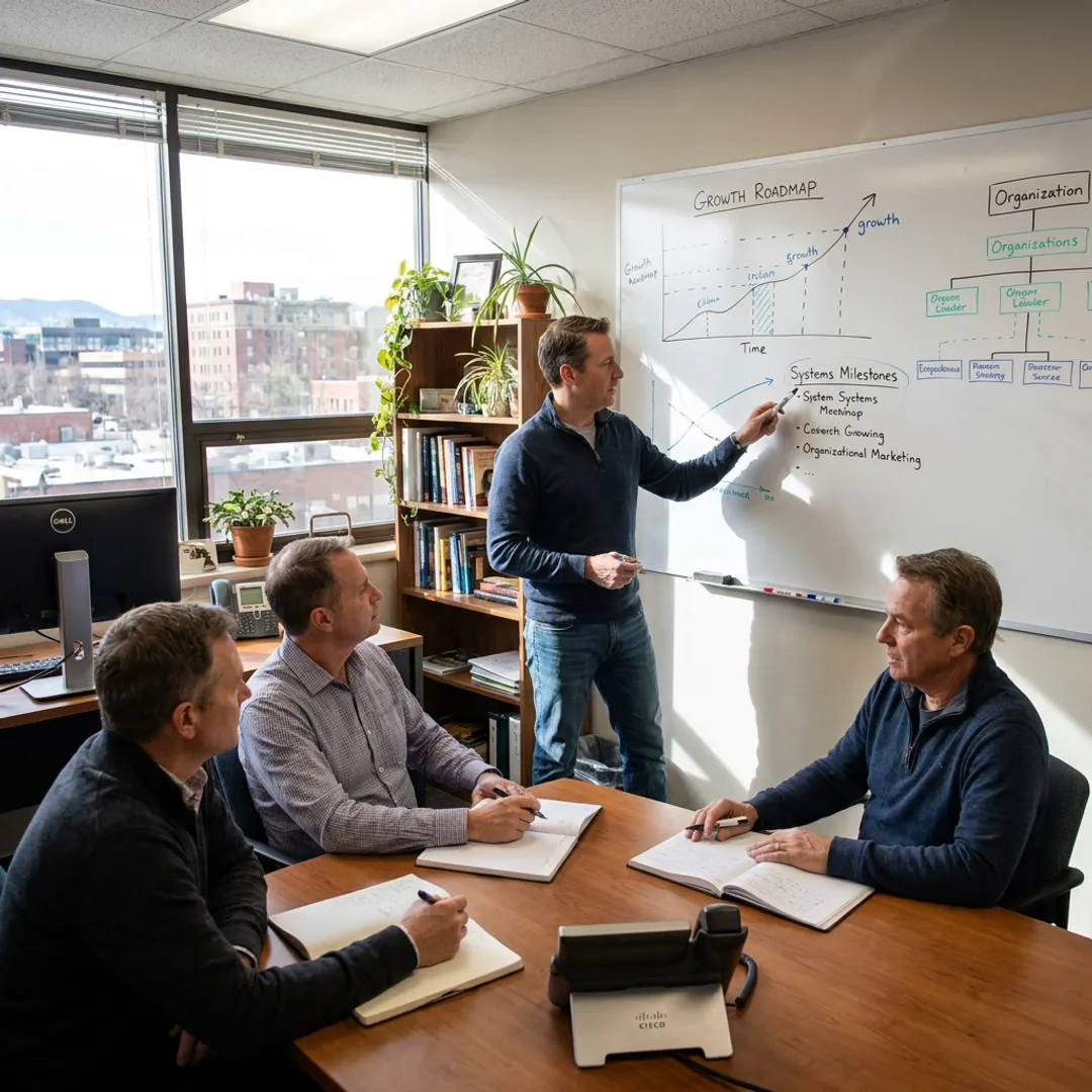 Leadership consultant guiding business team strategy session