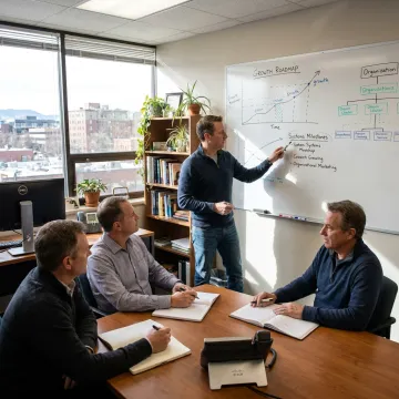 Leadership consultant guiding business team strategy session