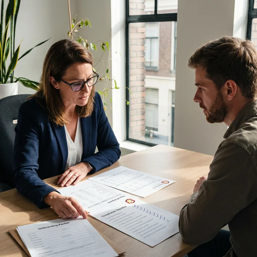HR consultant reviewing payroll and onboarding documents