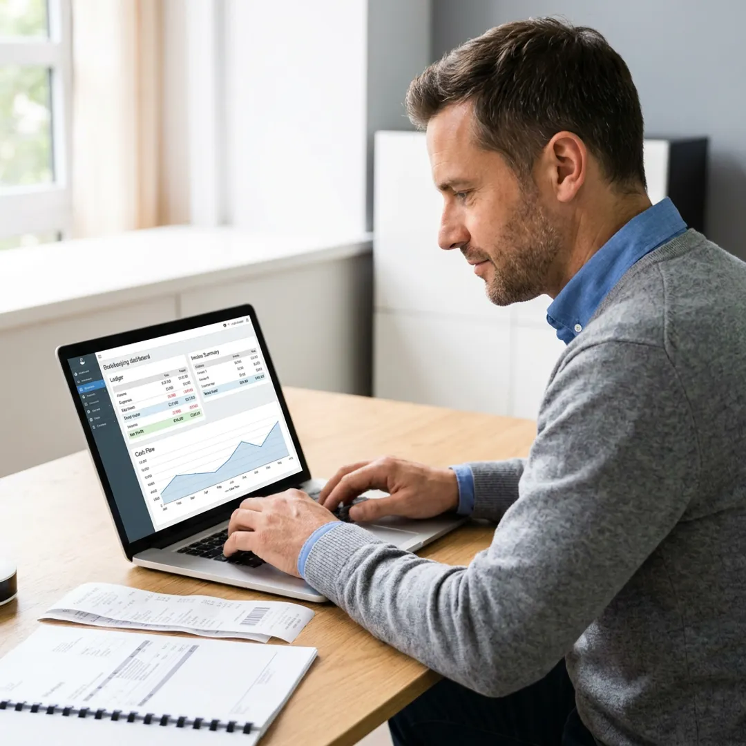 Business owner reviewing bookkeeping dashboard