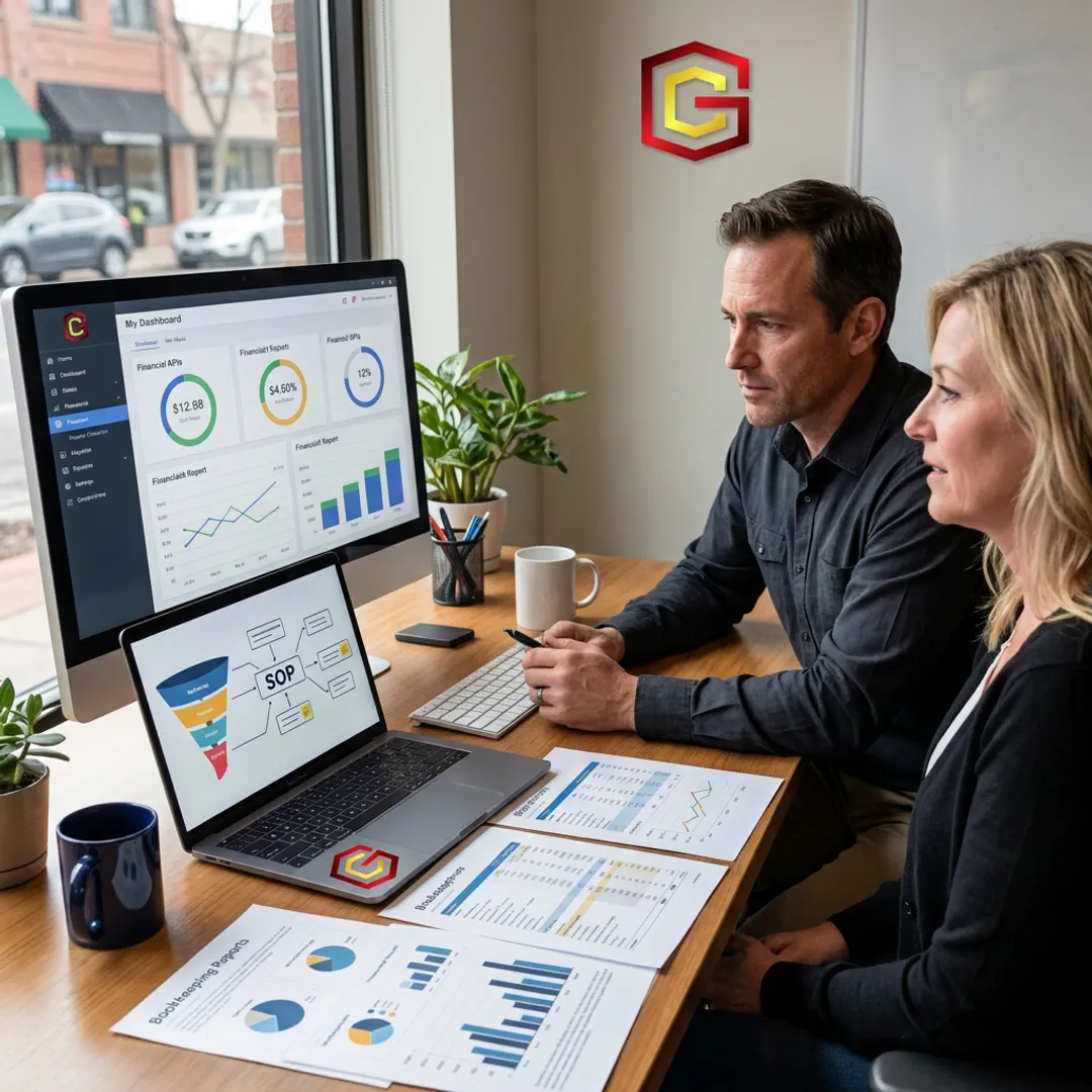 Business consultant reviewing growth systems with a founder