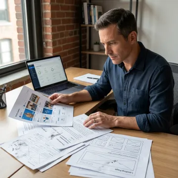 Strategist reviewing ad creative and landing page designs