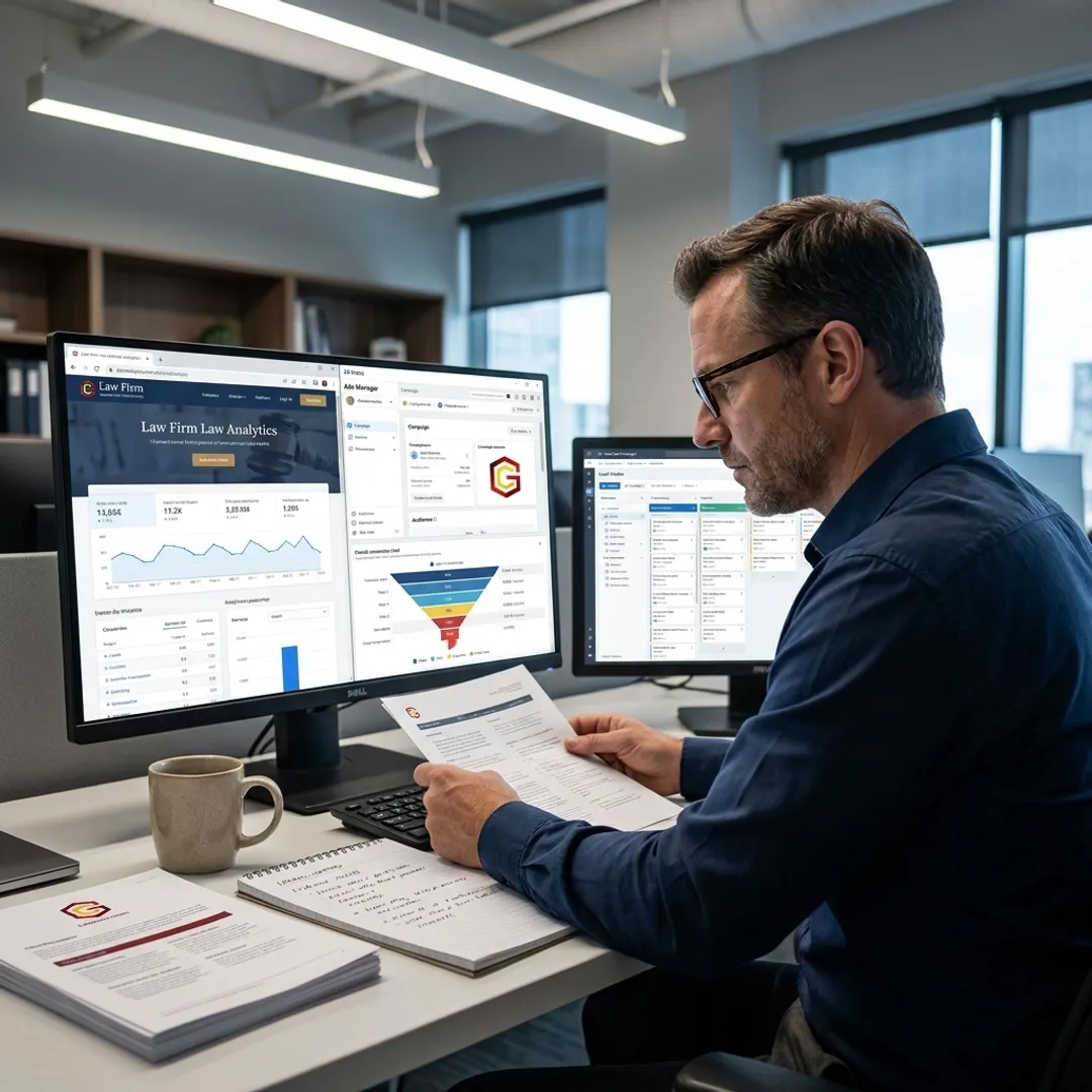 Marketing strategist reviewing law firm campaign analytics