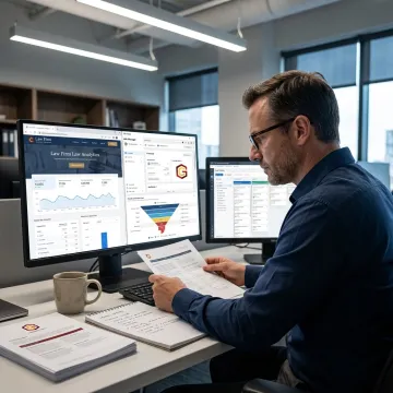 Marketing strategist reviewing law firm campaign analytics
