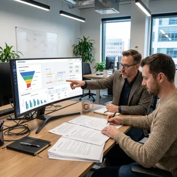 Business consultant reviewing systems dashboards